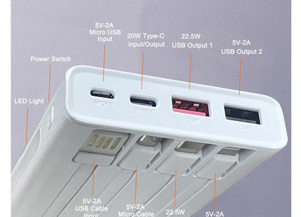 Power Bank with Built in Cables, 20,000mAh, 22.5w PD fast charging Power
