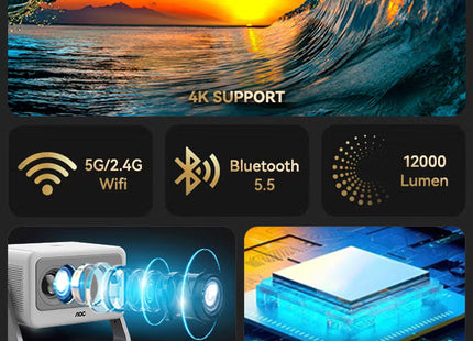 Mini Projector, Portable Projector 4K Support, 12000 Luemn/Electric Focus/Projector with Wifi and Bluetooth