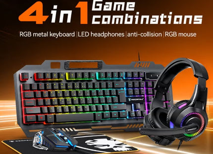 Gaming Keyboard Mouse Headset and Mousepad Combo, RGB LED Backlit Gaming Keyboard Bundle, USB Wired Keyboards Combo for PC Gamer, Xbox, PS5 Users