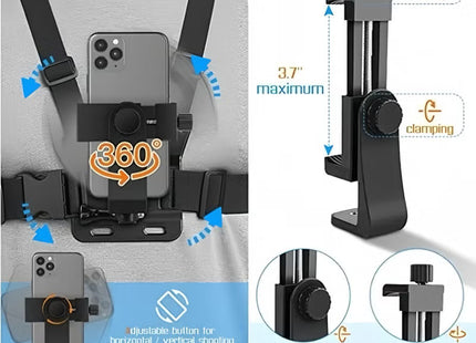 Mobile Phone Chest Mount Harness Strap Holder,Cell Phone Clip Action Camera for POV/VLOG Black